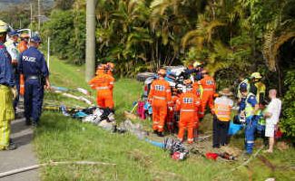 Highway mayhem: The driver of this Mitsubishi Pajero careered out of control and into the path of a semi-trailer at Korora. Highway mayhem: The driver of this Mitsubishi Pajero careered out of control and into the path of a semi-trailer at Korora.